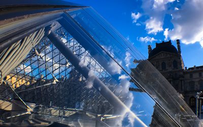4k, Louvre Museum, french landmarks, stained-glass windows, Paris, France, Europe