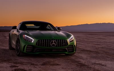 4k, Mercedes-AMG GT R, coucher de soleil, 2018 voitures, le d&#233;sert, les supercars, AMG, Mercedes