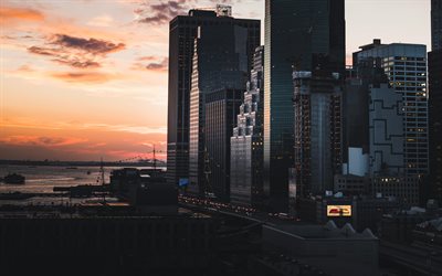 4k, Manhattan, ciudad de nueva york, puesta de sol, paisajes urbanos, Nueva York, estados UNIDOS, Am&#233;rica