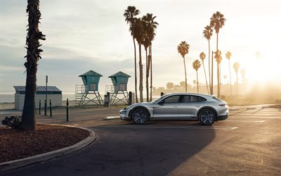 Porsche Mission E Cross Turismo, 2018, exterior, side view, silver Porsche, sports coupe, morning, sunrise, beach, palm trees, Porsche