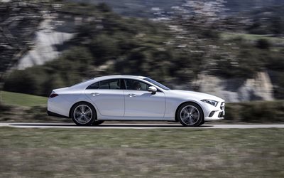 Mercedes-Benz CLS-Class, 2019, 4k, ulkoa, uusi valkoinen CLS, sivukuva, urheilu sedan, Mercedes