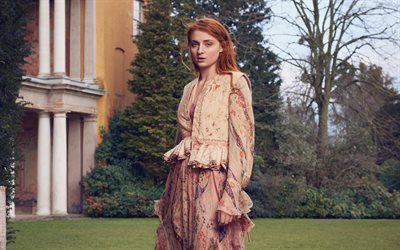 Sophie Turner, 4k, British actress, photoshoot, 2018, beautiful brown dress, young star