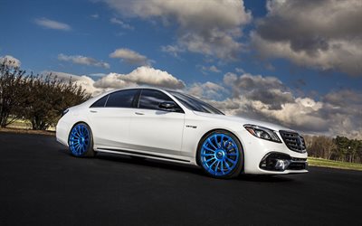 Mercedes-AMG S63, 2018 cars, tuning, Forgiato Wheels, Piatto-M, blue wheels, S63, W222, Mercedes
