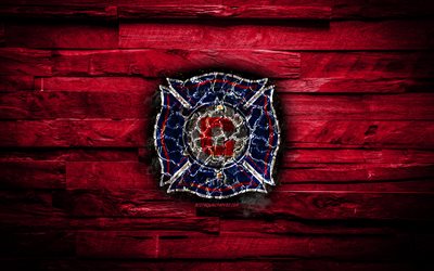 Chicago Fire FC, 4k, scorched logo, MLS, purple wooden background, american football club, Eastern Conference, grunge, soccer, Chicago Fire logo, fire texture, USA