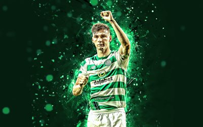 4k, Kieran Tierney, goal, Celtic FC, artwork, scottish footballers, soccer, Scottish Premiership, football, neon lights