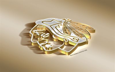 Chicago Blackhawks, American Hockey Club, NHL, Golden Silver logo, Chicago, Illinois, USA, National Hockey League, 3d golden emblem, creative 3d art, hockey