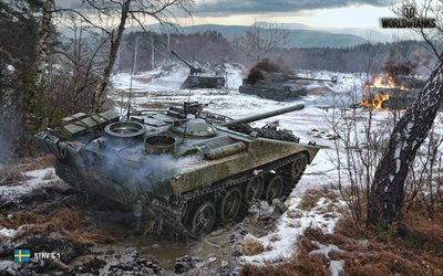 Strv S1, WoT, artwork, winter battlefield, World of Tanks, swedish SAU