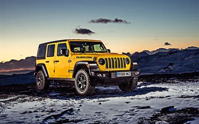 4k, Jeep Wrangler Unlimited Rubicon, offroad, 2019 cars, SUVs, 2019 Jeep Wrangler, american cars, yellow Wrangler, Jeep