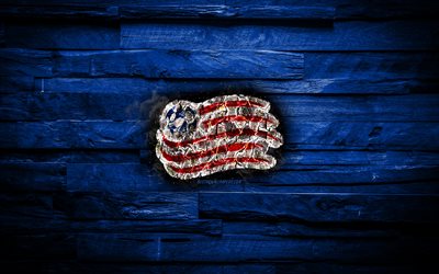 New England Revolution FC, 4k, scorched logo, MLS, blue wooden background, american football club, Eastern Conference, grunge, soccer, New England Revolution logo, fire texture, USA