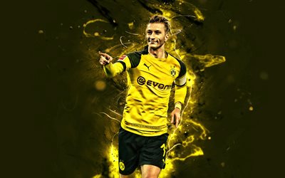 Marco Reus, close-up, german footballers, BVB, soccer, goal, Borussia Dortmund FC, Germany, Bundesliga, Reus, football, neon lights