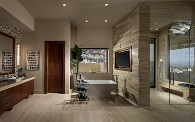 stylish bathroom, plaster 3D panels, bathroom, modern interior design, gray bathroom, aquarium in the bathroom