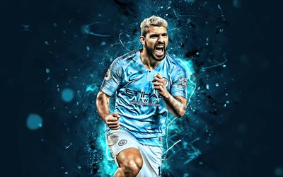 Sergio Aguero, joy, Manchester City FC, close-up, argentine footballers, soccer, England, Kun Aguero, Premier League, goal, Man City, neon lights