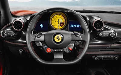 Ferrari F8 Tributo, 4k, interior, 2019 cars, dashboard, supercars, 2019 Ferrari F8 Tributo, italian cars, Ferrari