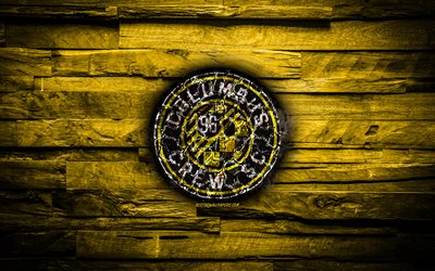 Columbus Crew FC, 4k, scorched logo, MLS, yellow wooden background, american football club, Eastern Conference, grunge, soccer, Columbus Crew logo, fire texture, USA