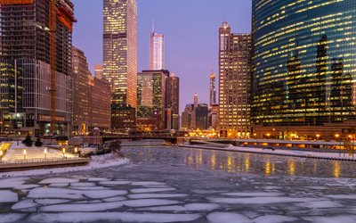 Chicago, primavera, noche, puesta de sol, rascacielos, metropolis, edificios modernos, estados UNIDOS