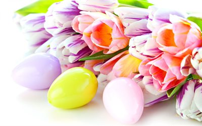 Easter eggs, spring, tulips, spring flowers, Easter