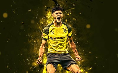 Mahmoud Dahoud, m&#229;l, tyska fotbollsspelare, Borussia Dortmund FC, BVB, fotboll, Dahoud, Bundesliga, neon lights, Tyskland
