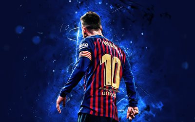 Lionel Messi, vista posterior, O Barcelona FC, close-up, argentino de futebol, objetivo, A Liga, Messi, Leo Messi, luzes de neon, FCB, LaLiga, Espanha, Barca, futebol, estrelas do futebol