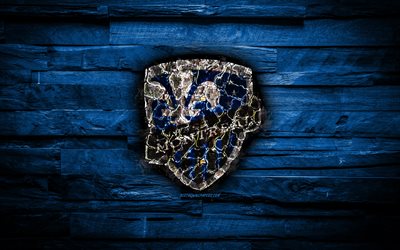 Montreal Impact FC, 4k, scorched logo, MLS, blue wooden background, american football club, Eastern Conference, grunge, soccer, Montreal Impact logo, fire texture, USA