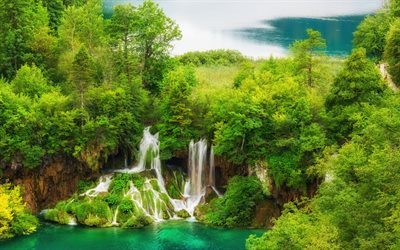 Os lagos de Plitvice, cachoeira, floresta, &#225;rvores verdes, Parque Nacional Dos Lagos Plitvice, Cro&#225;cia, ecologia conceitos