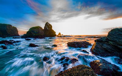 Luffenholtz Beach, Stilla Havet, morgon, kusten, soluppg&#229;ng, stenar, Trinity, Kalifornien, USA