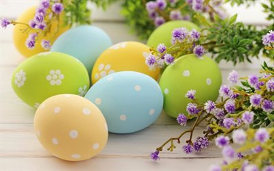 La pascua, coloridos huevos, la primavera, las vacaciones, los huevos de Pascua, las flores de la primavera