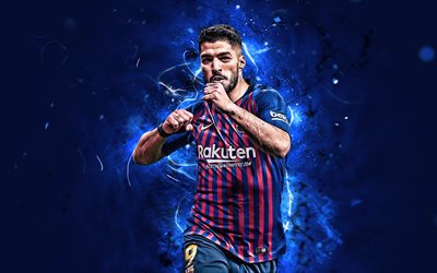 Luis Suarez, close-up, FCB, La Liga, joy, Barcelona FC, goal, uruguayan footballers, Barca, Spain, football stars, Suarez, neon lights, soccer, LaLiga