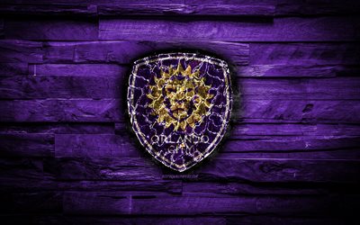 Orlando City FC, 4k, scorched logo, MLS, violet wooden background, american football club, Eastern Conference, grunge, soccer, Orlando City logo, fire texture, USA