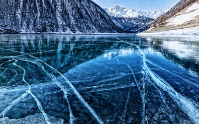 inverno, lago congelado, gelo, rachaduras no gelo, montanhas, bela natureza, HDR