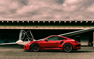 Porsche 911 GT3 RS, 2020, side view, exterior, red sports coupe, red 911 GT3 RS, tuning, race car, German sports cars, Porsche