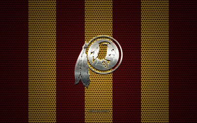 Washington Redskins logotyp, Amerikansk football club, metall emblem, r&#246;d-gul metall mesh bakgrund, Washington Redskins, NFL, Washington, USA, amerikansk fotboll
