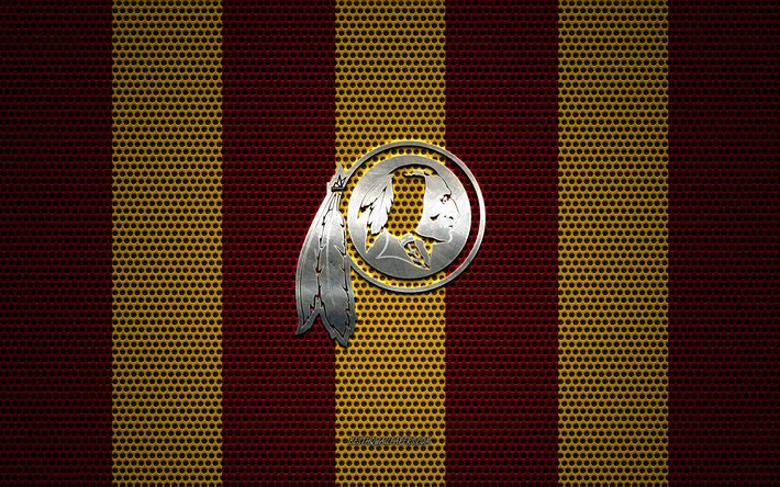 Washington Redskins logo, American football club, metal emblem, red-yellow metal mesh background, Washington Redskins, NFL, Washington, USA, american football