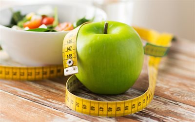weight loss, green apple and measuring tape, slimming concepts, diet, salad, weight loss concepts