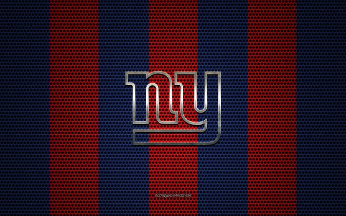 new york giants logo american football club -, metall-emblem, rot-blau-metall-mesh-hintergrund, new york giants, nfl, new york, usa, american football