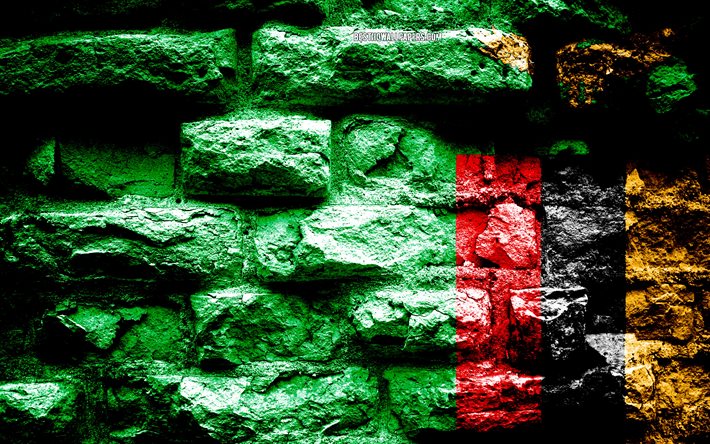 Z&#226;mbia bandeira, grunge textura de tijolos, Bandeira da Z&#226;mbia, bandeira na parede de tijolos, Z&#226;mbia, bandeiras dos pa&#237;ses da &#193;frica