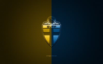 Sweden national football team, emblem, UEFA, yellow blue logo, yellow blue fiber background, Sweden football team logo, football, Sweden