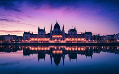 Budapest, Palazzo del Parlamento ungherese, 4k, il Parlamento di Budapest, tramonto, luoghi di interesse di Budapest, in Europa, in Ungheria, a Budapest in serata