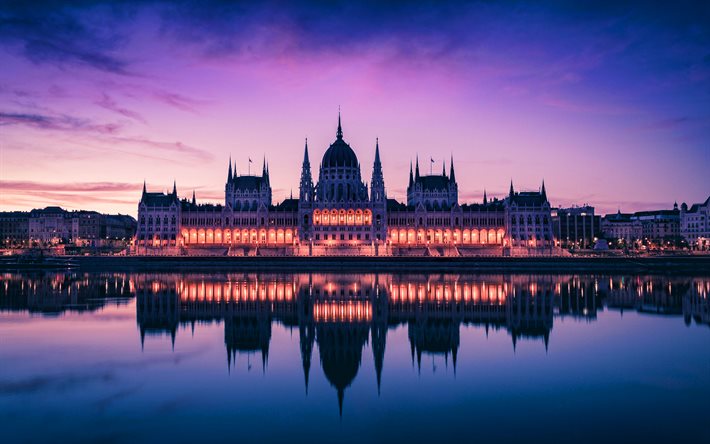Budapest, Unkarin Parlamentti Rakennuksesta, 4k, Parlamentti Budapest, sunset, Maamerkit kohteessa Budapest, Euroopassa, Unkari, Budapest illalla