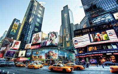 Nova York, HDR, Manhattan, edif&#237;cios modernos, t&#225;xi amarelo, cidades da am&#233;rica, noturnas, NYC, Nova York de cima, As cidades de Nova York, Am&#233;rica, arranha-c&#233;us, EUA