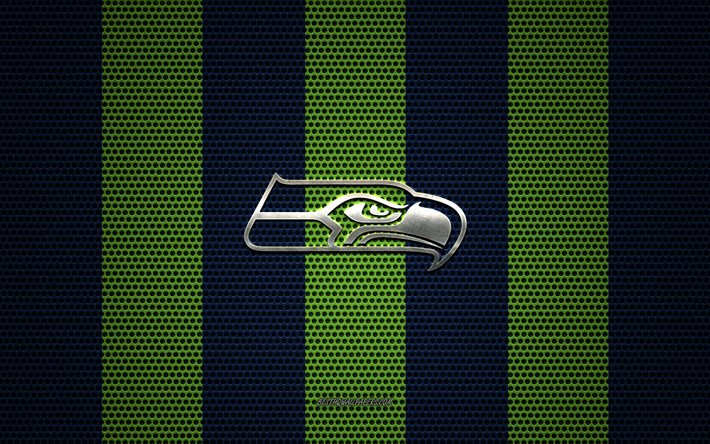 seattle seahawks logo, american football-club, metall-emblem, gr&#252;n-blau-metall-mesh-hintergrund, seattle seahawks, nfl, seattle, washington, usa, american football
