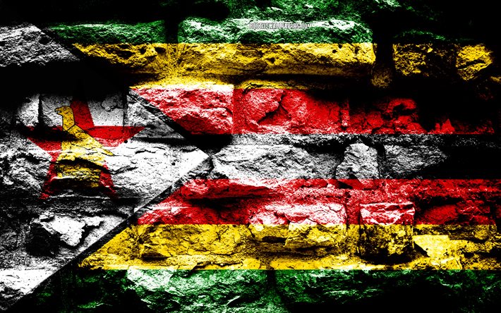 Zimbabwe bandeira, grunge textura de tijolos, Bandeira do Zimbabu&#233;, bandeira na parede de tijolos, Zimb&#225;bue, bandeiras dos pa&#237;ses da &#193;frica