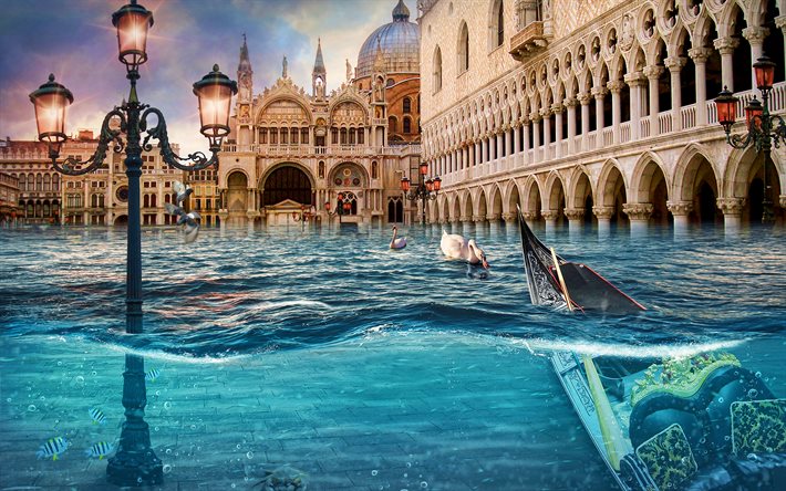 Flooded Venice, 4k, HDR, deluge, artwork, cataclysm, Italy, Europe, italian cities, Venice