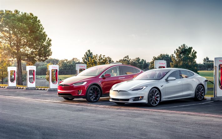 Tesla Model S, 2020, Tesla Model X, Tesla Supercharger, exterior, carros el&#233;tricos, os carros americanos, Tesla