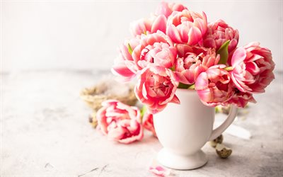 vase de tulipes, fleurs de printemps, les tulipes, les tulipes roses, de belles fleurs