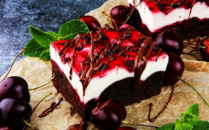 cherry cake, sweets, chocolate cake, fruit cakes, macro, cherry chocolate cake, pies