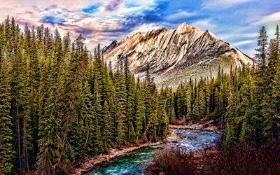 Jasper National Park, HDR, ver&#227;o, floresta, rio azul, Canad&#225;, bela natureza, montanhas, Am&#233;rica Do Norte, canadense de natureza, rio de montanha
