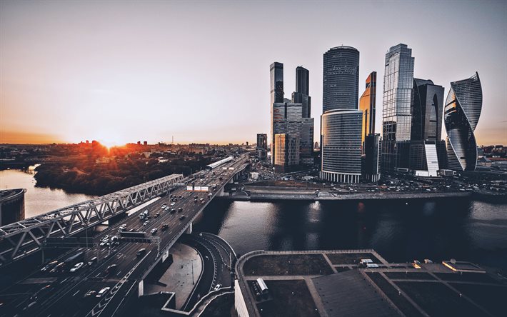 Moscow City, sunset, panorama, Russia, modern buildings, Moscow, russian cities, cityscapes, skyscrapers, Moscow landmarks, Moscow City at evening