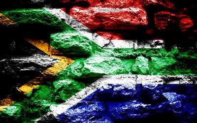 South Africa flag, grunge brick texture, Flag of South Africa, flag on brick wall, South Africa, flags of Africa countries