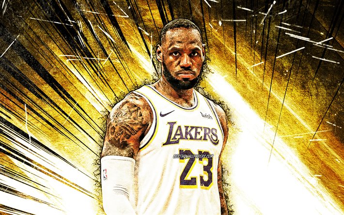 4k, LeBron James, grunge arte, de la NBA, Los Lakers de Los Angeles, amarillo abstracto rayos, estrellas de baloncesto, LeBron Raymone James Sr, blanco uniforme, el baloncesto, LA Lakers, creativo, de los Lakers, LeBron James 4K