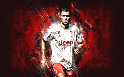 Cristiano Ronaldo, Juventus FC, red uniform Juventus, Portuguese footballer, CR7, portrait, red stone background, Serie A, football